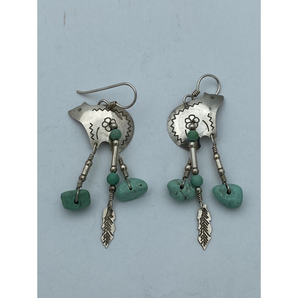 Vintage Navajo Sterling Silver Turquoise Bear Dangle Earrings